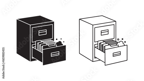 Office filing cabinet with open drawers and documents