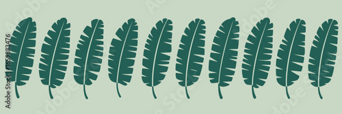 A repeating pattern of nine green banana leaves arranged horizontally on a light green background surface view