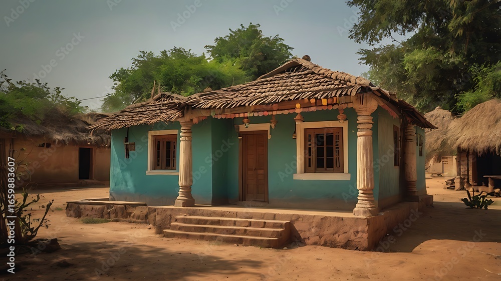Fototapeta premium A traditional indian village house with a thatched roof and blue walls stands in a rural setting, showcasing the countrys heritage
