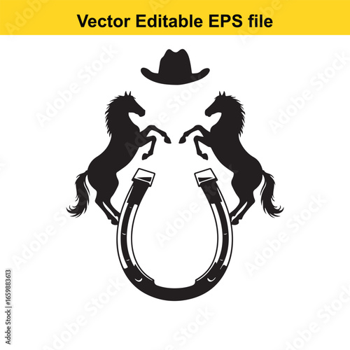 Two horses rearing up around a horseshoe with a cowboy hat isolated on white background