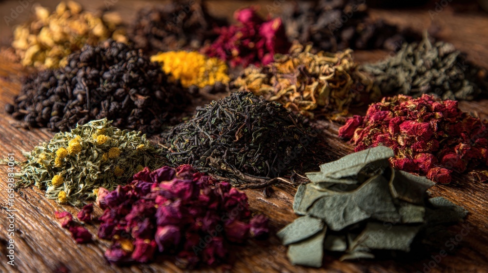 Fototapeta premium Aromatic Dried Tea Leaves Collection Herbal and Black Teas Variety on Rustic Wooden Background
