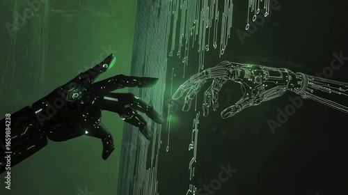 Hands of robot and human connect artificial intelligence AI circuit board to virtual smart chatbot with a command for automation generate, learning technology artificial intelligence machine, AI.