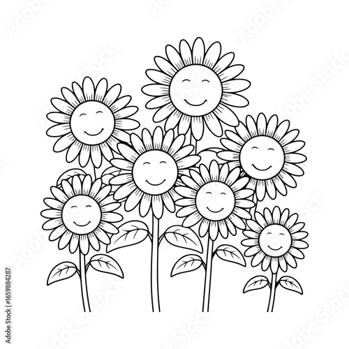 Sunflower Garden Scene Line Drawing for Nature and Coloring Pages, Cute, Funny