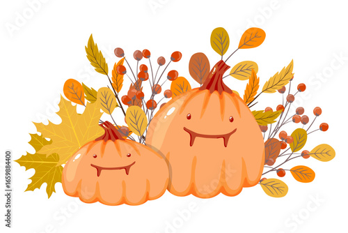 Hand drawn cartoon Halloween pumpkins with teeth and autumn leaves