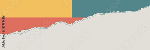 Abstract background with torn paper effect revealing yellow red and teal color blocks on top half area