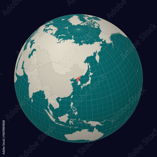 Democratic People's Republic of Korea on the map. Globe centered to Dem. Rep. Korea. Country location on the world map. Teal Pale Mint color palette. Globe with countries, meridians and parallels.