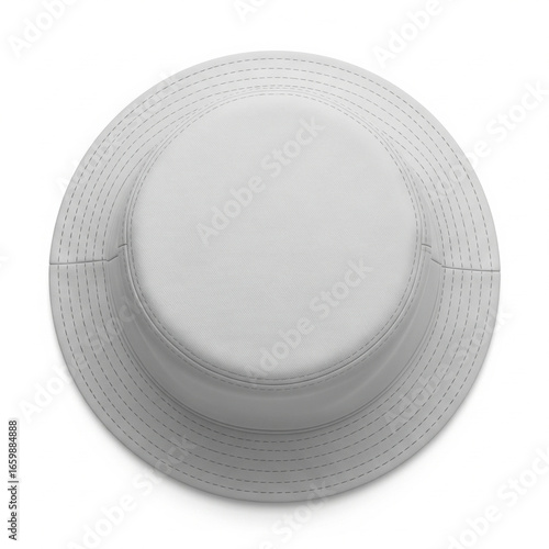 High-angle, overhead view of a light gray bucket hat, featuring a smooth, seamless surface.