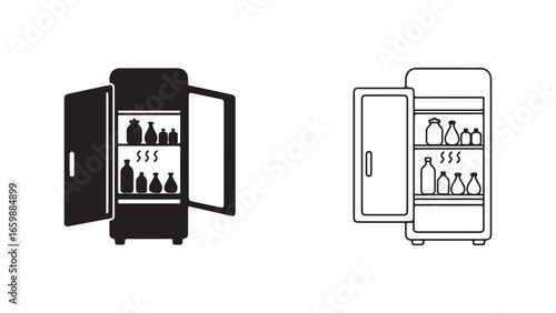 Open refrigerator with bottles and jars