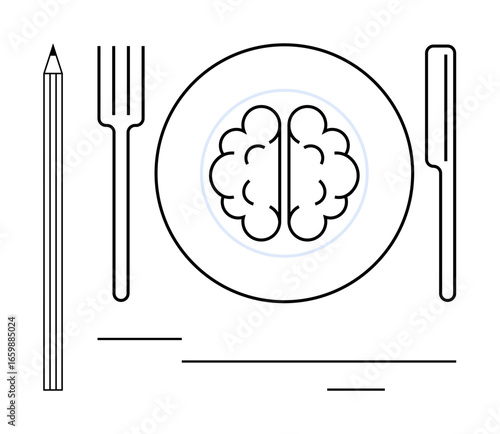 Fork and knife flank a plate containing a brain, symbolizing intellect, creativity, and mental nourishment. Ideal for education, innovation, psychology, mindfulness, learning brainstorming