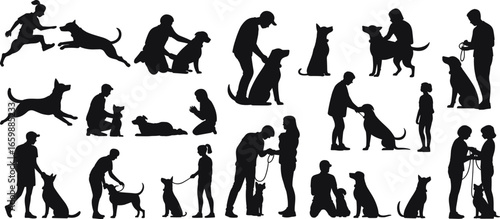 Silhouette dog training vector, man and woman with dogs, obedience training, pets walking, sitting commands, leash practice, black vector illustration