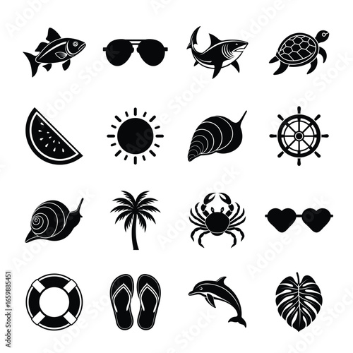 Summer Beach Vacation Vector Icon Set. Tropical, Marine, Travel, Holiday Silhouettes