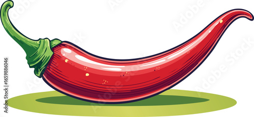 Red chili pepper with green stem on white background