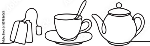 Continuous line drawing of teapot, cup with spoon, and tea bags vector art illustration