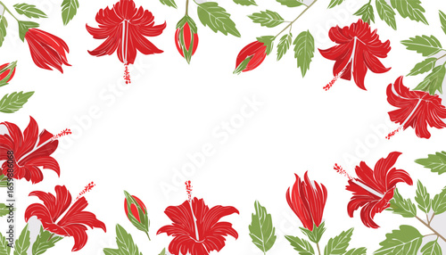 Red hibiscus flowers and green leaves arranged as a border