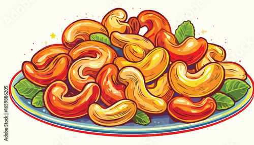 Pile of roasted cashews with mint leaves on a plate