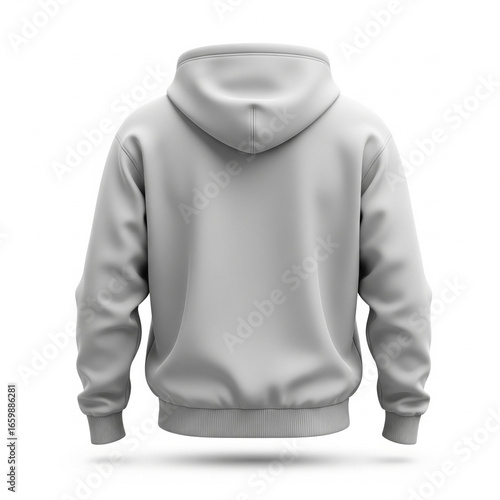 A light gray hoodie, back view, showing zipper and hood details.