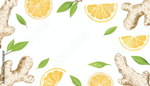 Fresh Lemon Slices and Ginger Roots with Green Leaves