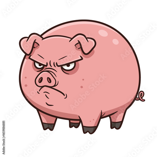 Cartoon illustration of an angry pink pig with furrowed brows, looking directly at the viewer with a grumpy expression.