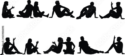 Silhouette vector of people sitting on ground, chatting and relaxing, perfect for community, conversation, lifestyle, social connection, or leisure-themed designs.