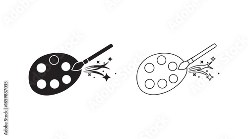 Palette and paintbrush with sparkling paint drops