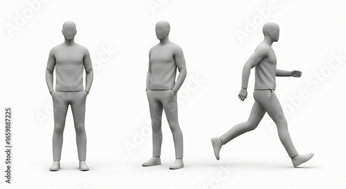 Three full body male mannequin poses standing relaxed walking motion study neutral