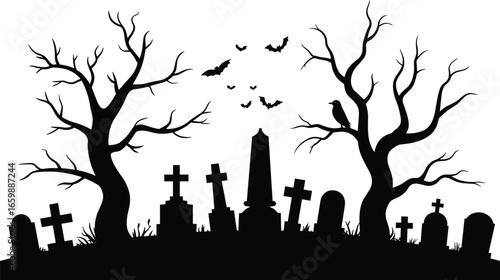 Spooky graveyard scene with creepy trees, bats, tombstones, and a crow, ideal for Halloween designs, posters, backgrounds, or haunted themes