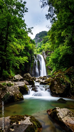 Lush waterfall cascading through a verdant valley