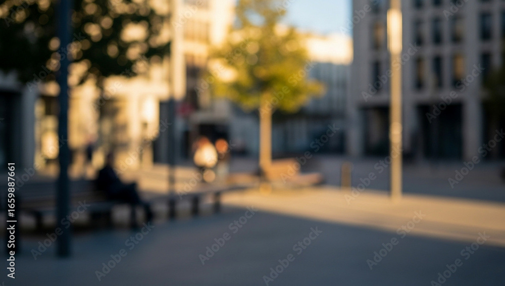 Obraz premium Blurred urban scene featuring trees, buildings, benches, and people in daylight, creating a lively, modern city environment filled with natural light, activity, and everyday urban life.