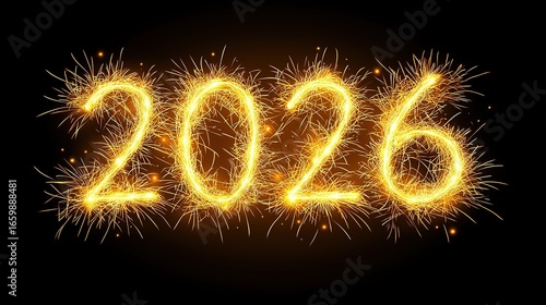 Golden Fireworks 2026 on Black Sky for New Year Celebration with Sparkling Lights and Wide-Angle HD Detail.
