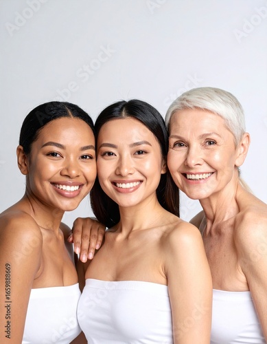 Three smiling diverse women representing different ages and ethnicities, with a focus on beauty