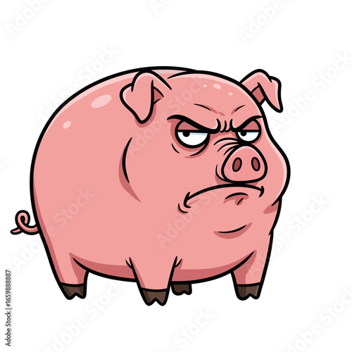 Grumpy cartoon pig, pink, round, angry expression, illustration.