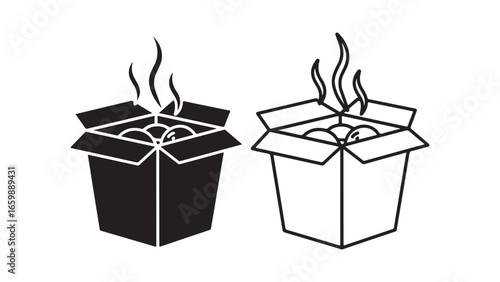 Takeout box with steaming food, black and white