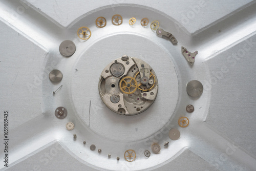 Pocket watch mechanism. Mechanical steel clockwork with cogwheel and screw