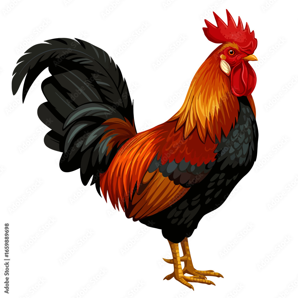 Fototapeta premium Colorful illustration of a vibrant rooster, showcasing detailed feathers and a proud stance.