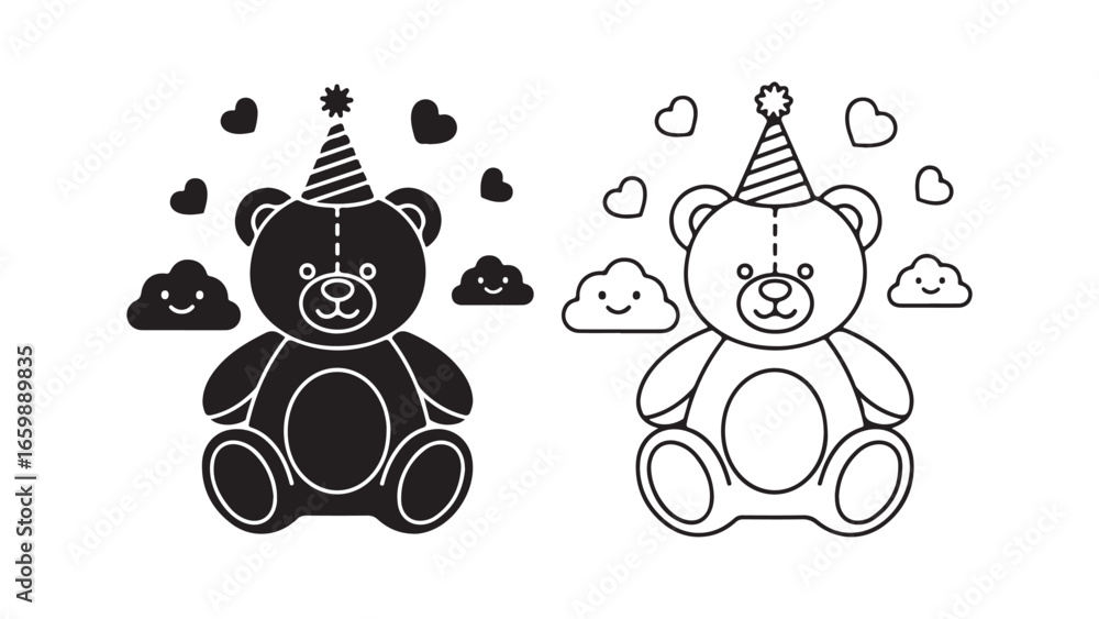 Naklejka premium Teddy bear with party hat and hearts