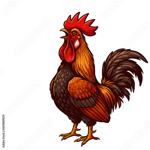 Colorful illustration of a rooster crowing, displaying detailed plumage.