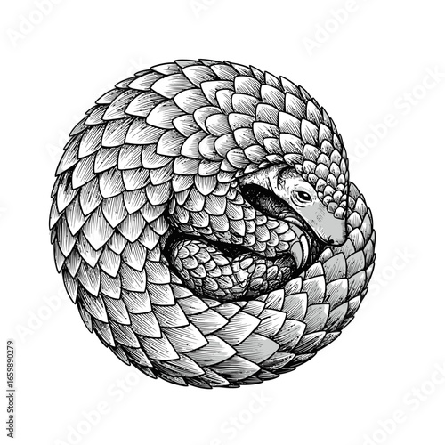 A detailed monochrome illustration of a pangolin curled into a protective ball, showcasing its overlapping scales and vulnerable face.