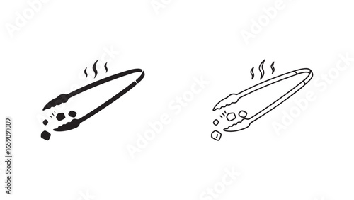 Tongs holding food with steam, outline and filled versions