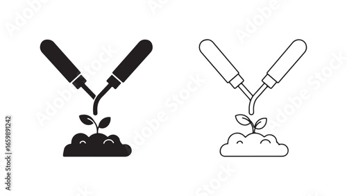 Planting seedling icon with soil and watering tools