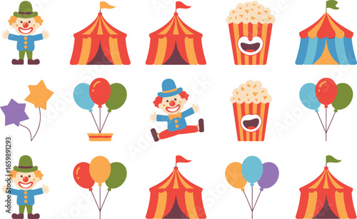 Colorful cartoon circus elements including clowns tents and popcorn isolated on transparent background