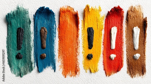Colorful paint swatches with textured exclamation marks, vibrant mixed colors, expressive artistic statement, on a white background