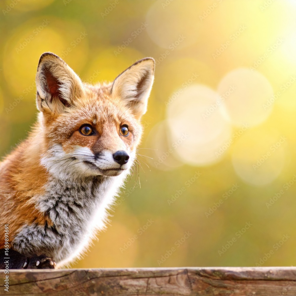 Fototapeta premium A curious fox gazing into the sun. The fox has beautiful orange fur and appears to be perched on a wooden fence