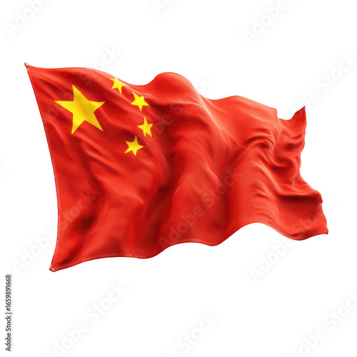 Vivid red Chinese flag with yellow stars waving against a black background