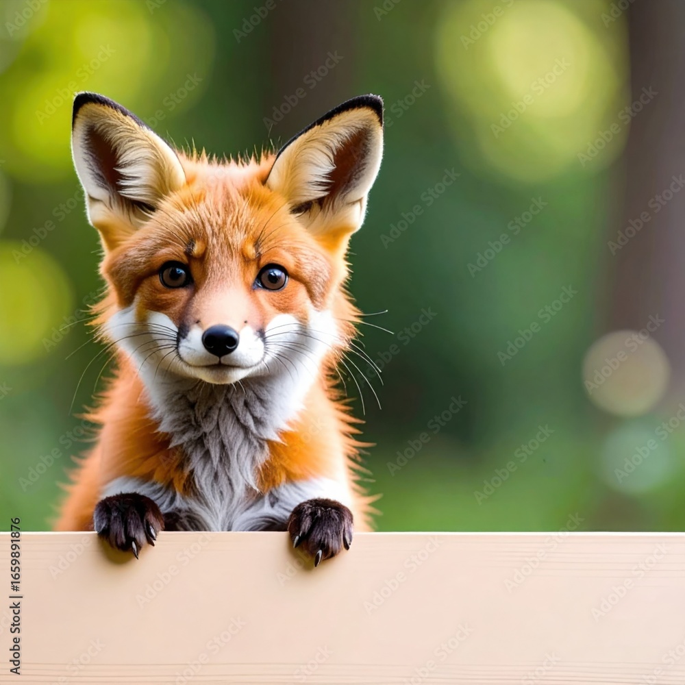 Fototapeta premium A curious fox observes the viewer while standing on the fence in front of a soft green blurred background