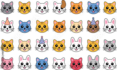 Collection of cute cartoon cat faces with various expressions and colors isolated on transparent background