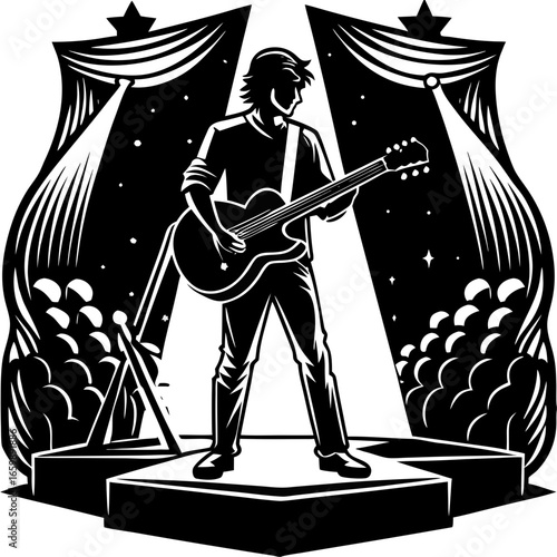 Rockstar Guitarist Performing on Stage with Spotlight and Audience Silhouettes