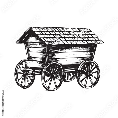 wagon house silhouette, Vintage wagon silhouette, Silhouette illustration of a vintage wagon house ,  
