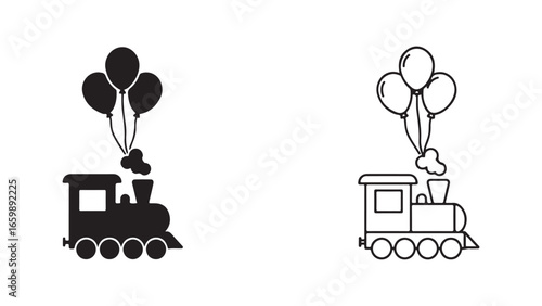 Train with balloons, steam, and smoke