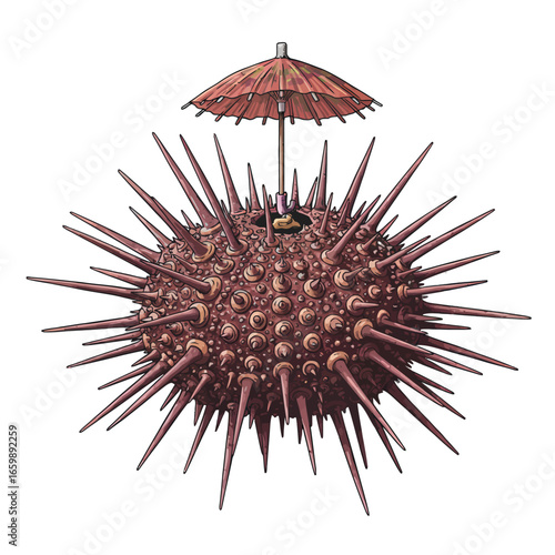 A whimsical illustration of a sea urchin with a miniature parasol-shaded seat.
