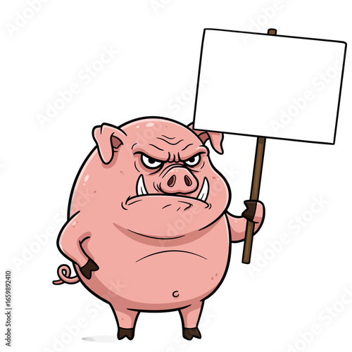 A cartoon pig with an angry expression holds a blank sign, standing against a white background.
